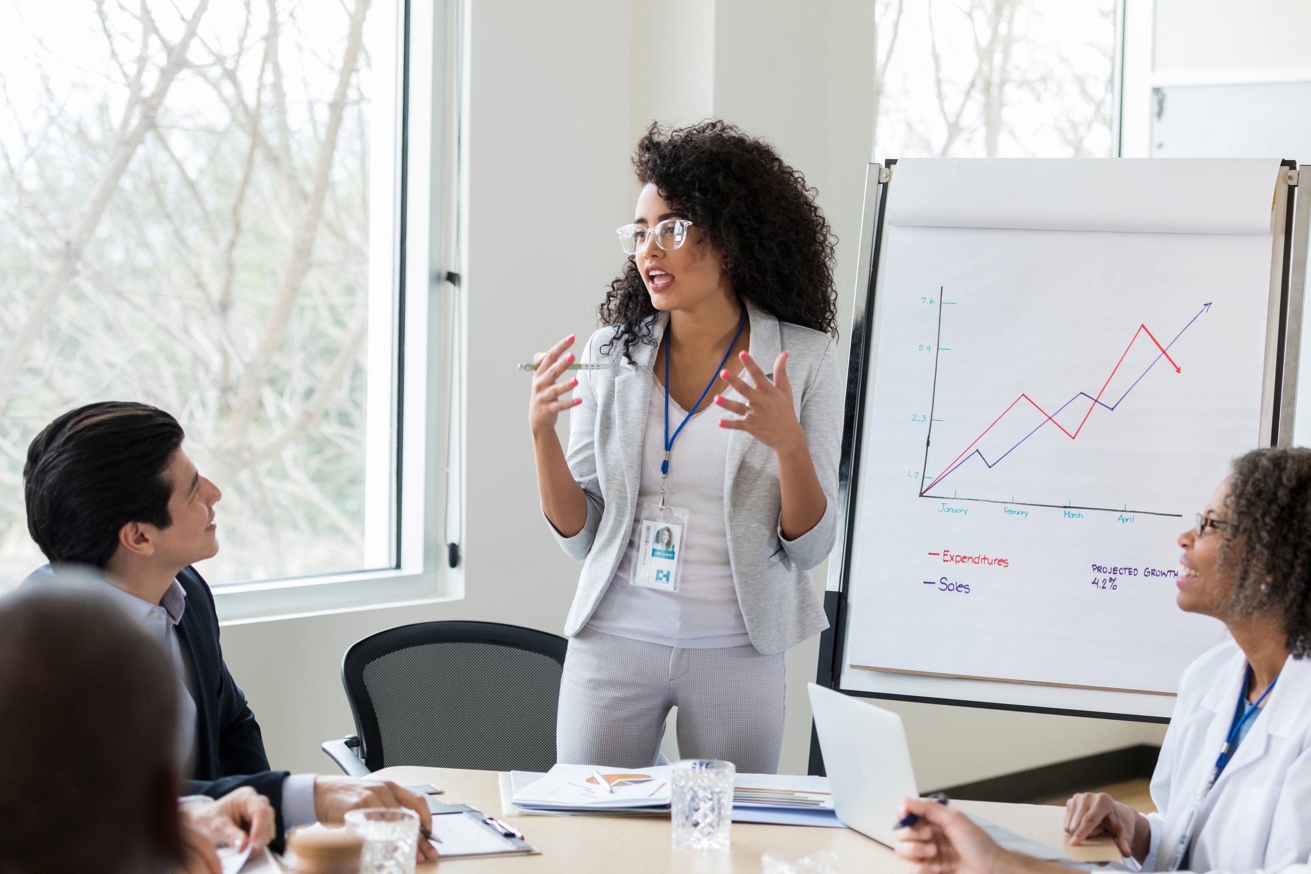 Confident medical sales rep gives presentation